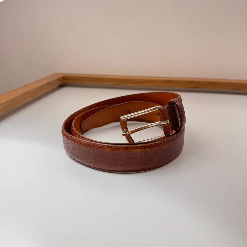 Vintage HUGO BOSS Calf Belt Brown Pebbled Leather Silver Buckle Size 100 USED
